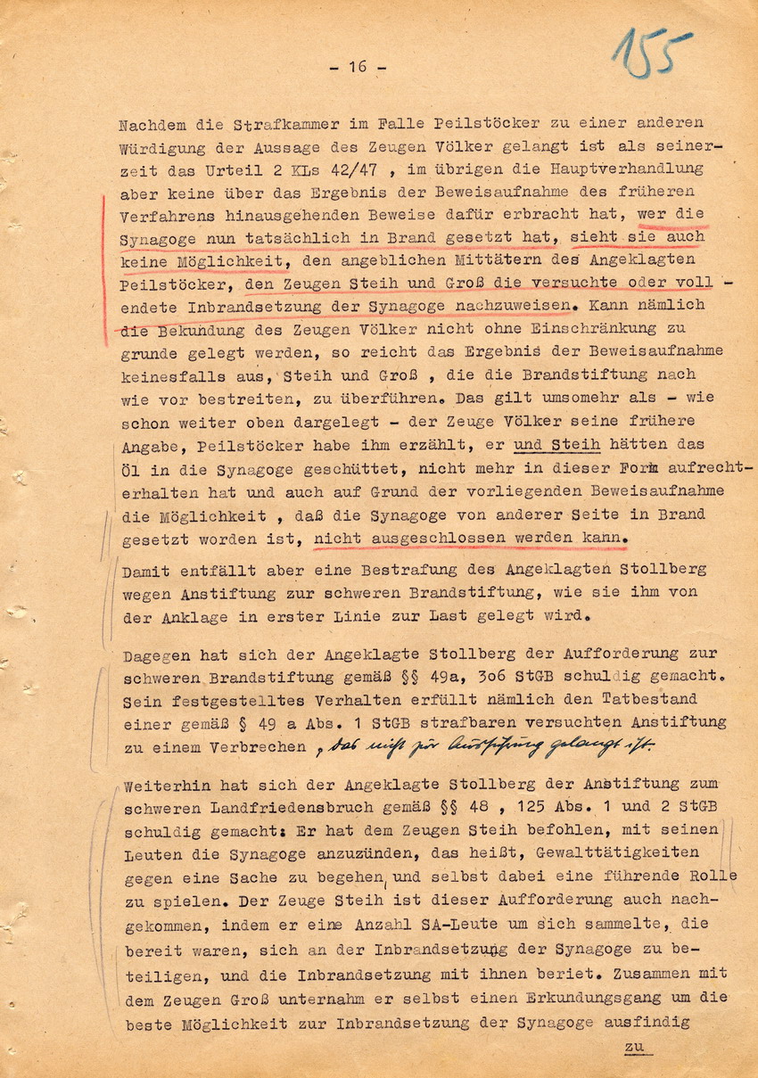 Verfahren betr. Synagogenbrandstiftung Marburg.
Urteil der Strafkammer III des LG Marburg vom 11. August 1950 gegen Stollberg und Peilstöcker  
Teil 4