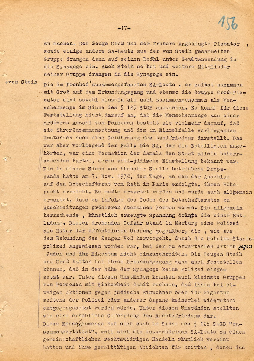 Verfahren betr. Synagogenbrandstiftung Marburg.
Urteil der Strafkammer III des LG Marburg vom 11. August 1950 gegen Stollberg und Peilstöcker  
Teil 4