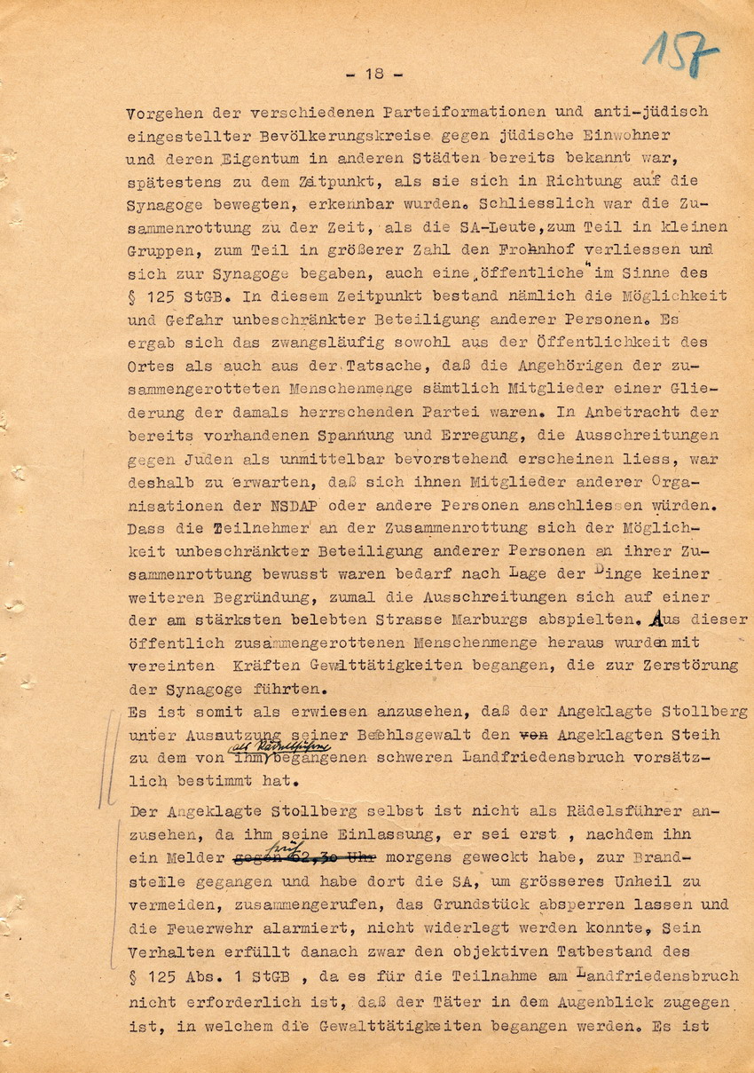 Verfahren betr. Synagogenbrandstiftung Marburg.
Urteil der Strafkammer III des LG Marburg vom 11. August 1950 gegen Stollberg und Peilstöcker  
Teil 4