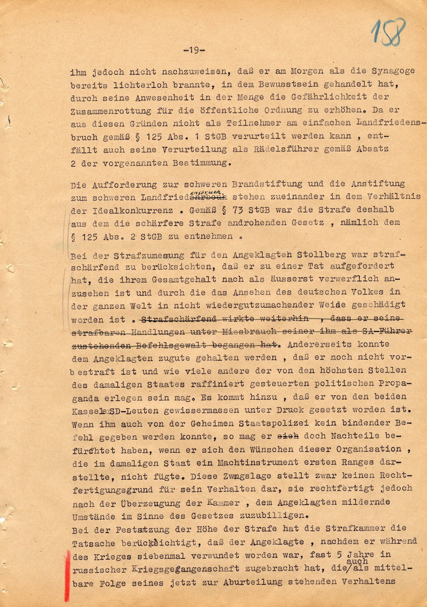 Verfahren betr. Synagogenbrandstiftung Marburg.
Urteil der Strafkammer III des LG Marburg vom 11. August 1950 gegen Stollberg und Peilstöcker  
Teil 4