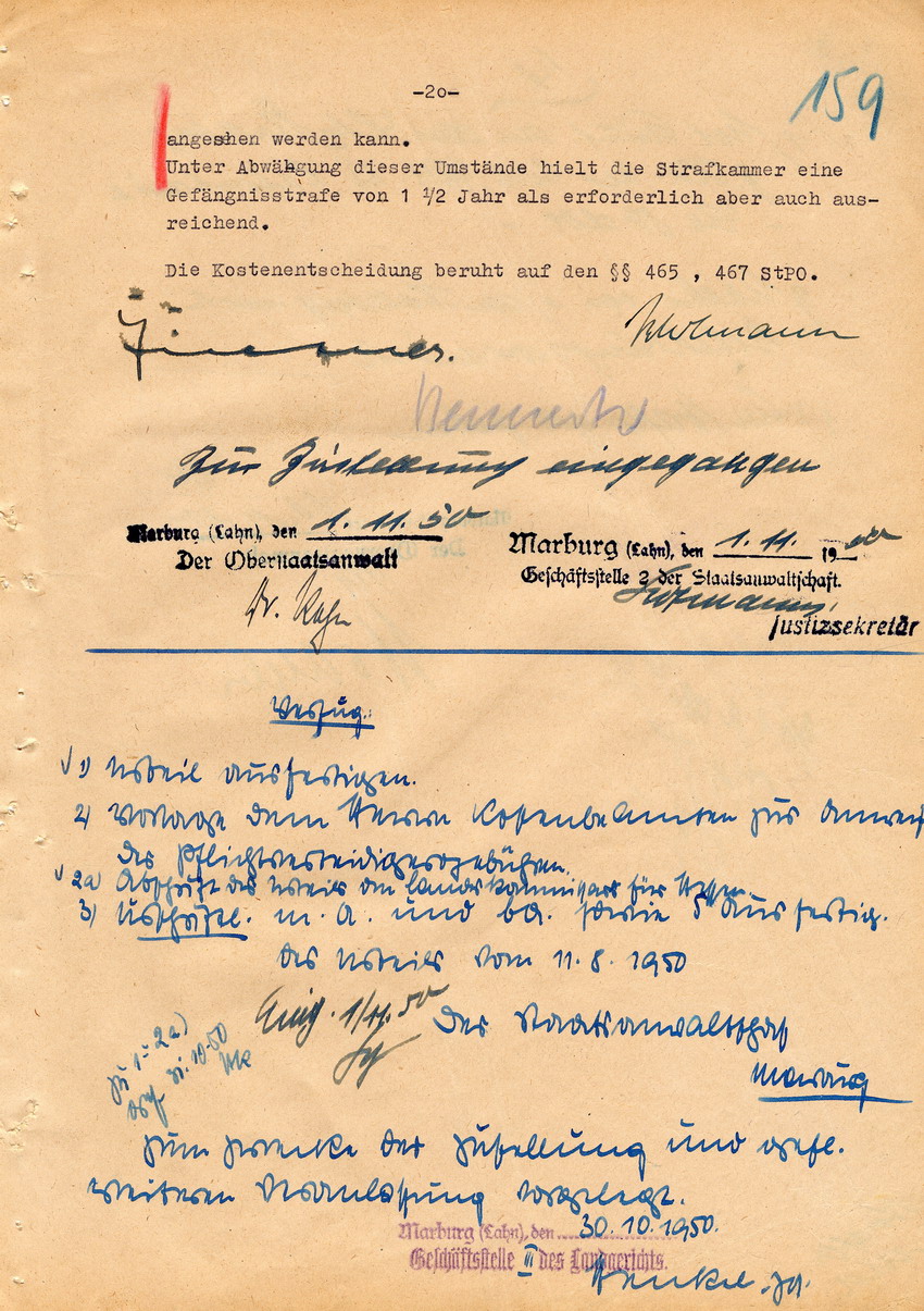 Verfahren betr. Synagogenbrandstiftung Marburg.
Urteil der Strafkammer III des LG Marburg vom 11. August 1950 gegen Stollberg und Peilstöcker  
Teil 4