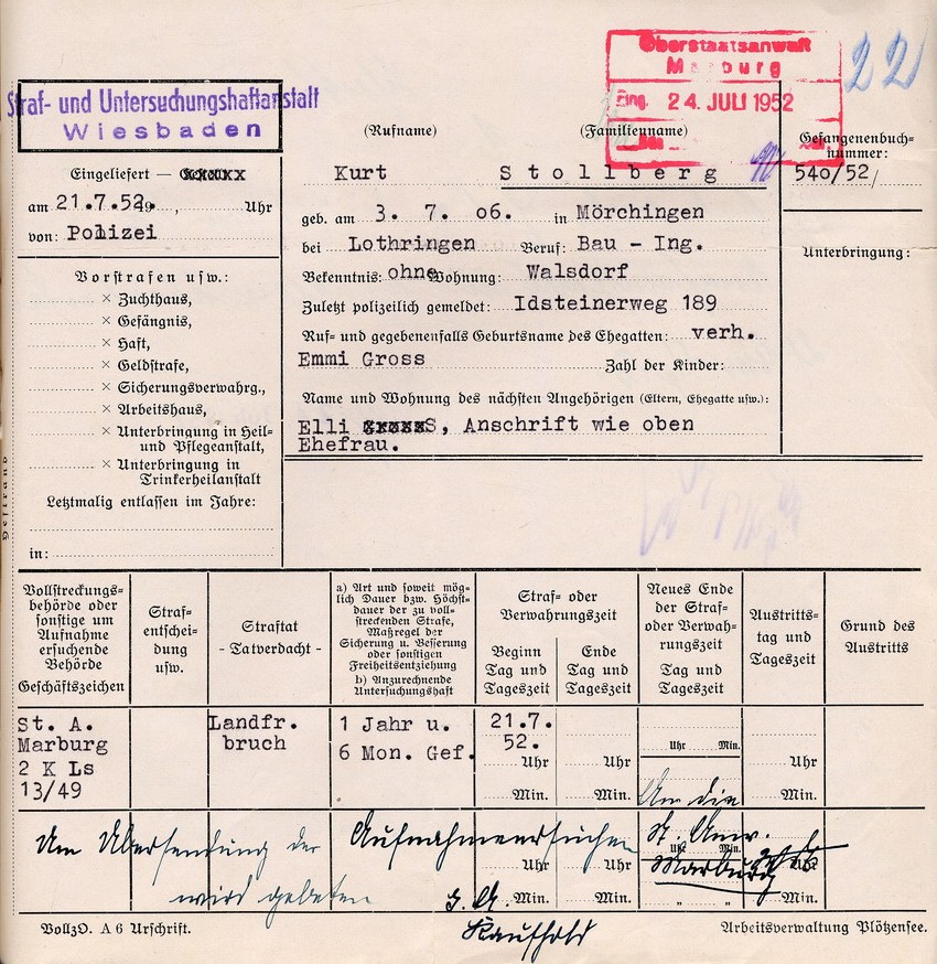 Haftantritt von Kurt Stollberg am 21.07.1952