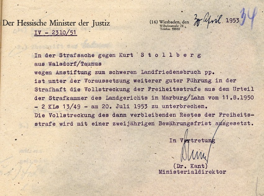 Begnadigung von Kurt Stollberg nach einem Jahr Haft durch den Hessischen Justizminister am 30.04.1953
