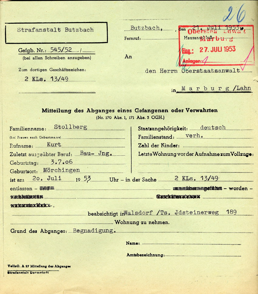 Entlassung von Kurt Stollberg nach einem Jahr Haft  am 20.07.1953