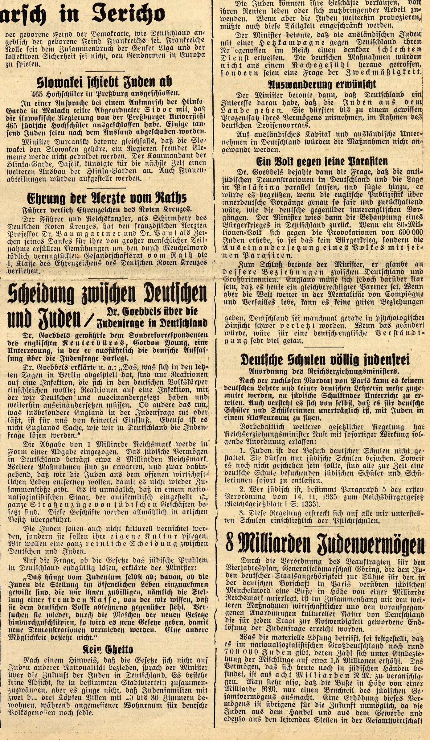 Artikel aus dem Rotenburger Tageblatt zur geplanten Ausschließung der Juden aus der deutschen Gesellschaft, 14. November 1938