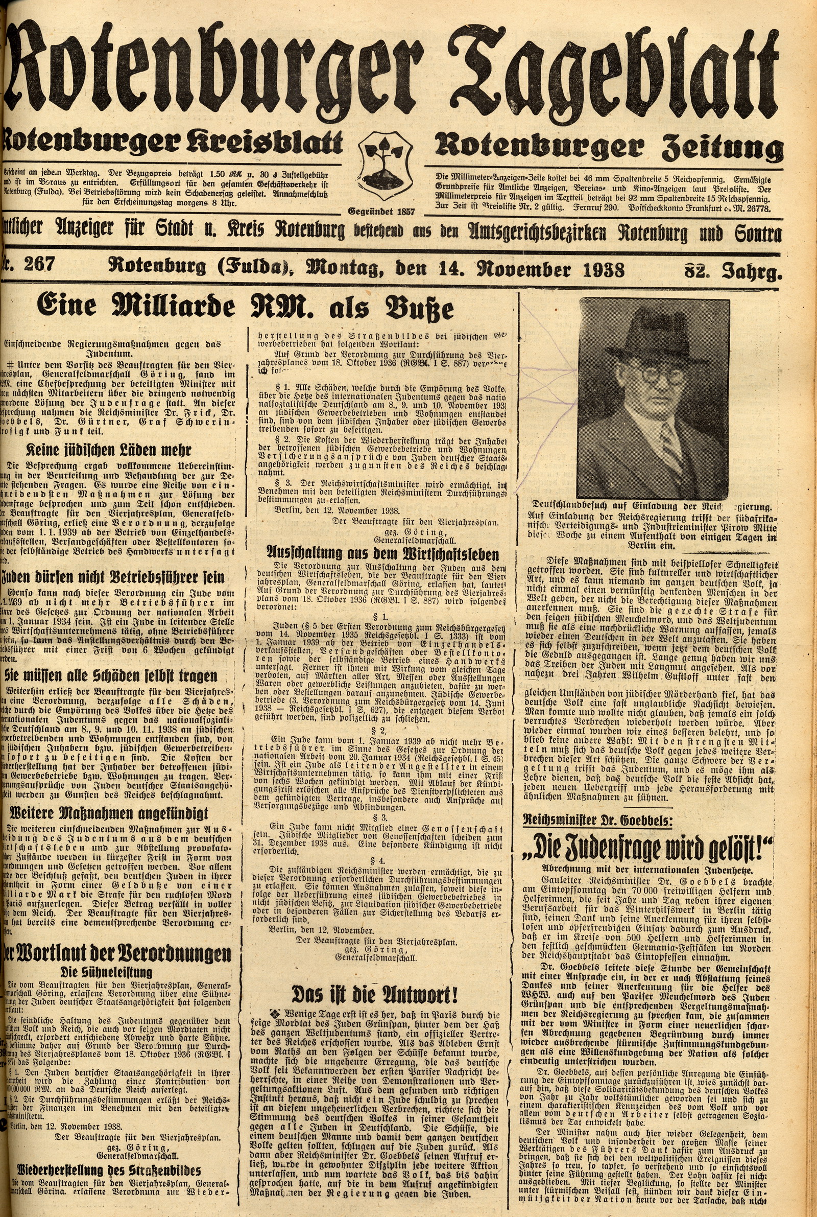 Titelseite des Rotenburger Tageblatts zur Geldbuße für die deutschen Juden, 14. November 1938