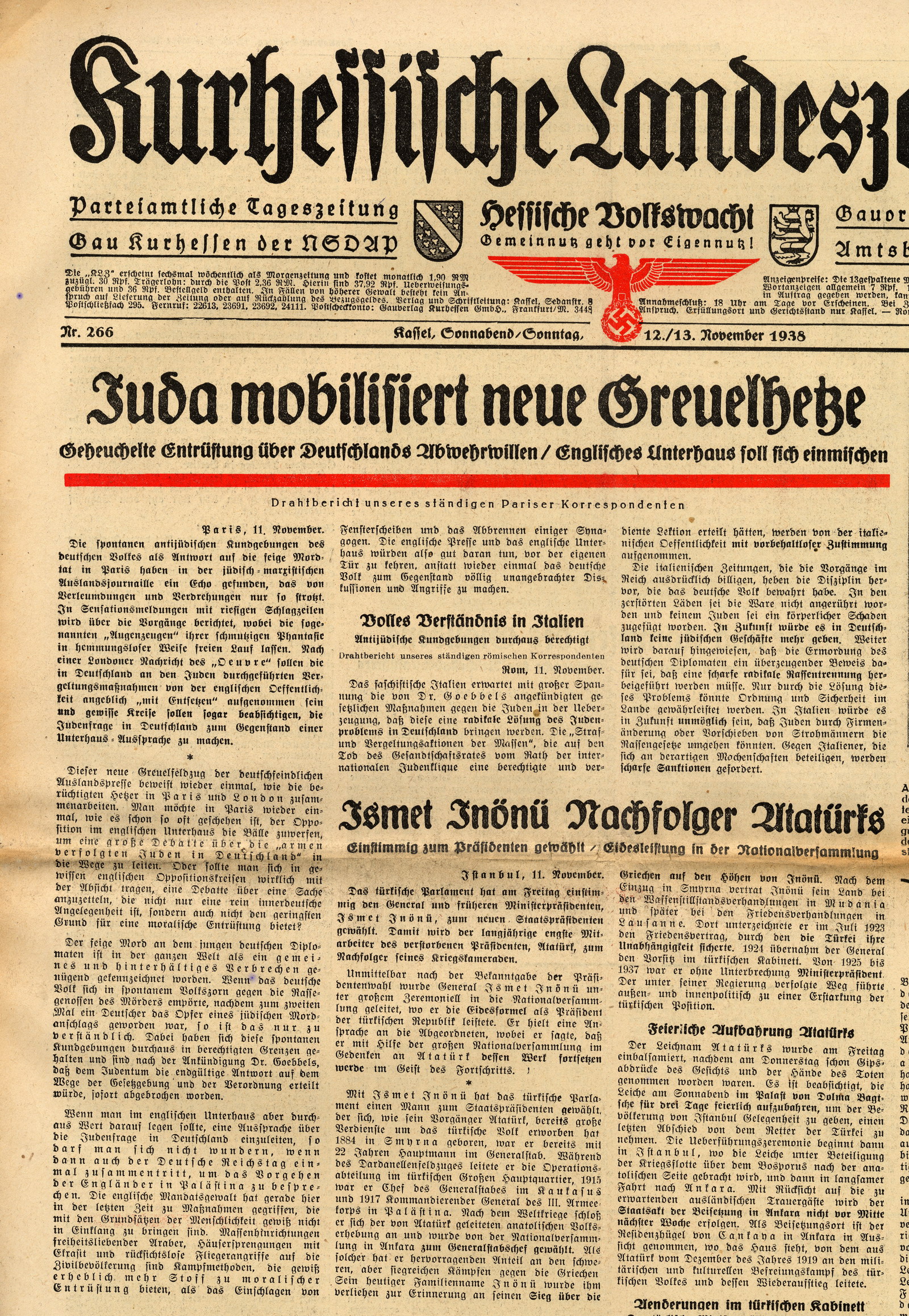 Titelseite der Kurhessischen Landeszeitung mit dem Artikel "Juda mobilisiert neue Greuelhetze", 12./13. November 1938