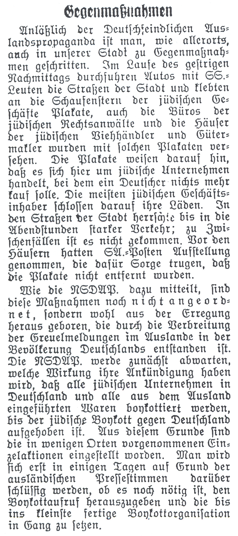 Artikel aus der Oberhessischen Zeitung zur Vorbereitung der Boykottaktionen, 29. März 1933
