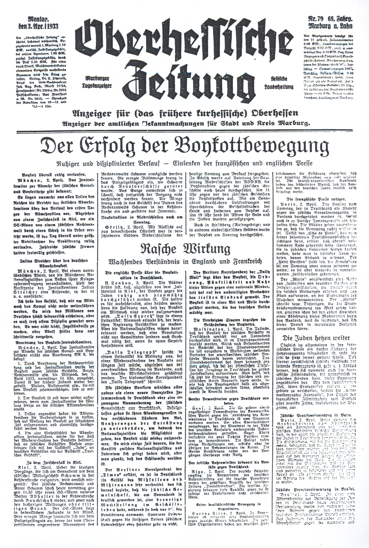 Titelblatt der Oberhessischen Zeitung mit der Schlagzeile "Der Erfolg der Boykottbewegung", 3. April 1933