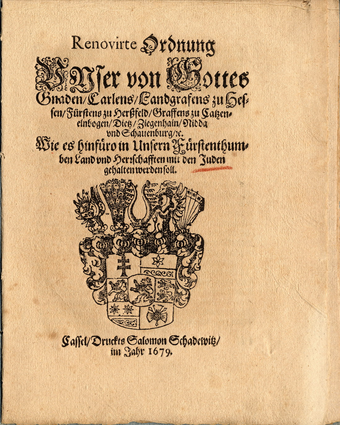 Judenordnung von 1679 erlassen durch Landgraf Karl zu Hessen-Kassel