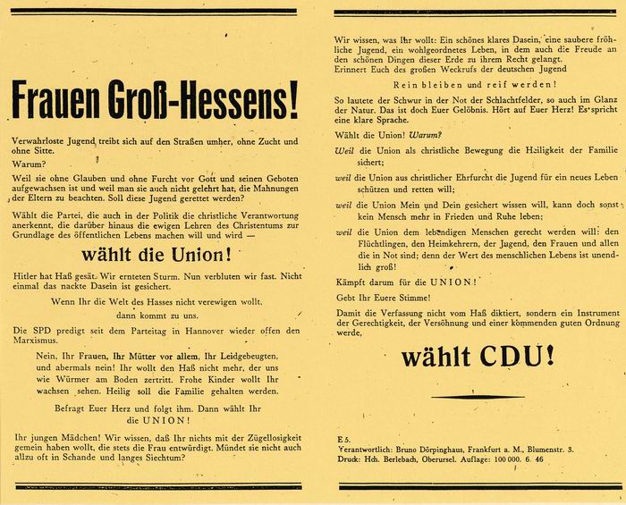 Bild zum Dokument Flugblatt: "Frauen Groß-Hessens! Wählt CDU!" vom Juni 1946