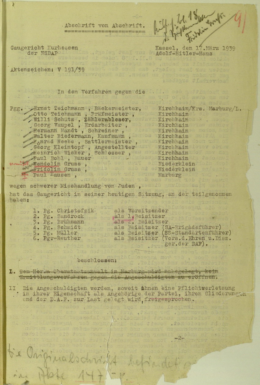 Urteil des NSDAP-Gaugerichts Kurhessen gegen Urheber der Kirchhainer "Judenaktion" von 1938, 17. März 1939