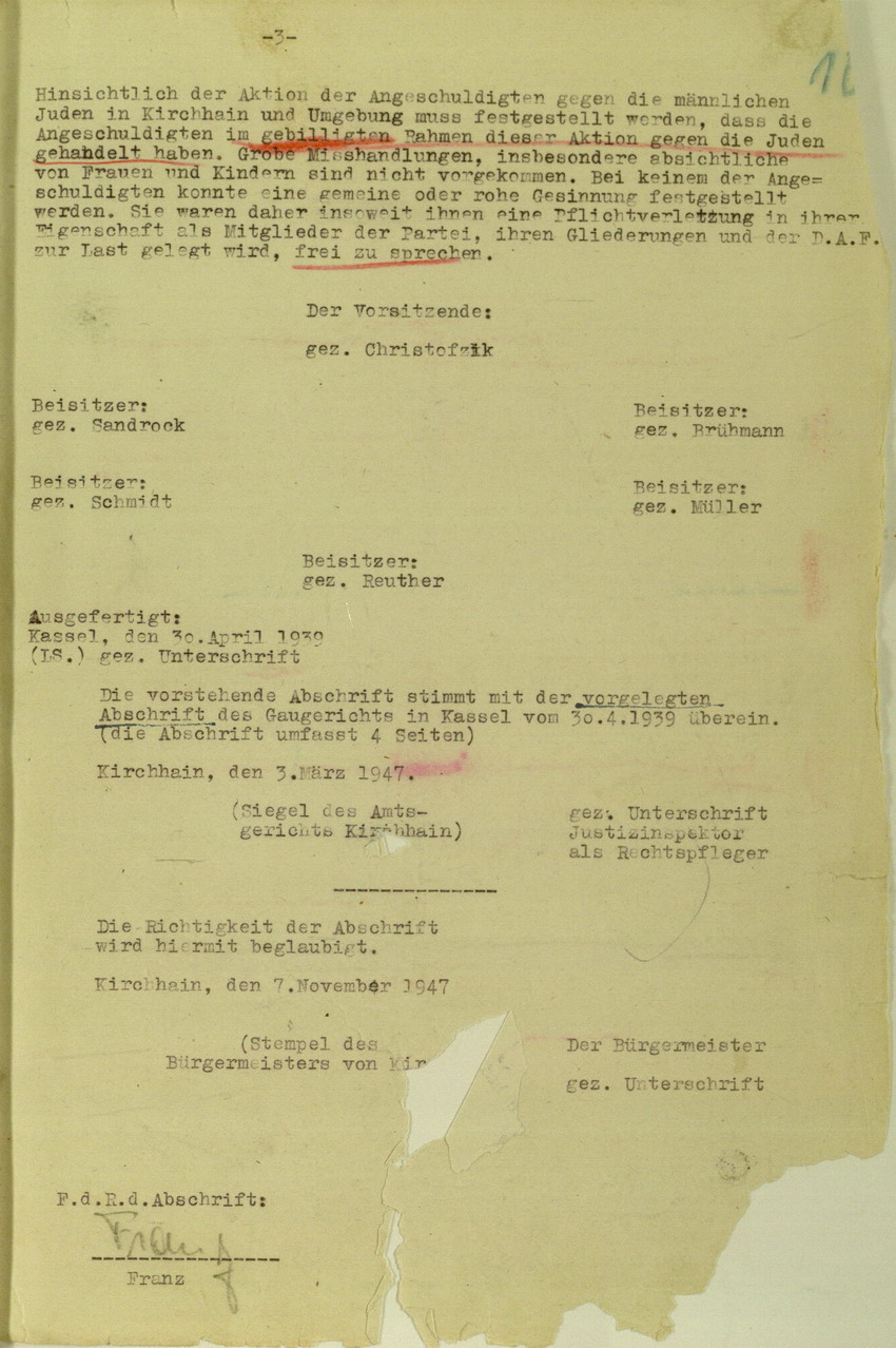 Urteil des NSDAP-Gaugerichts Kurhessen gegen Urheber der Kirchhainer "Judenaktion" von 1938, 17. März 1939