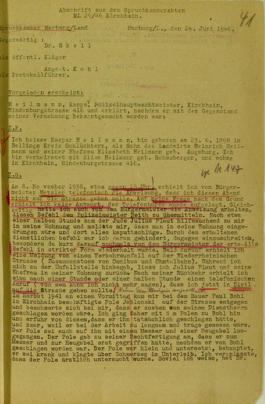 Zeugenaussage von Polizeihauptwachtmeister Kaspar Heilmann betreffend Anweisung zu Dienst in Zivil während der Kirchhainer "Judenaktion" am 8. November, 24. Juni 1946