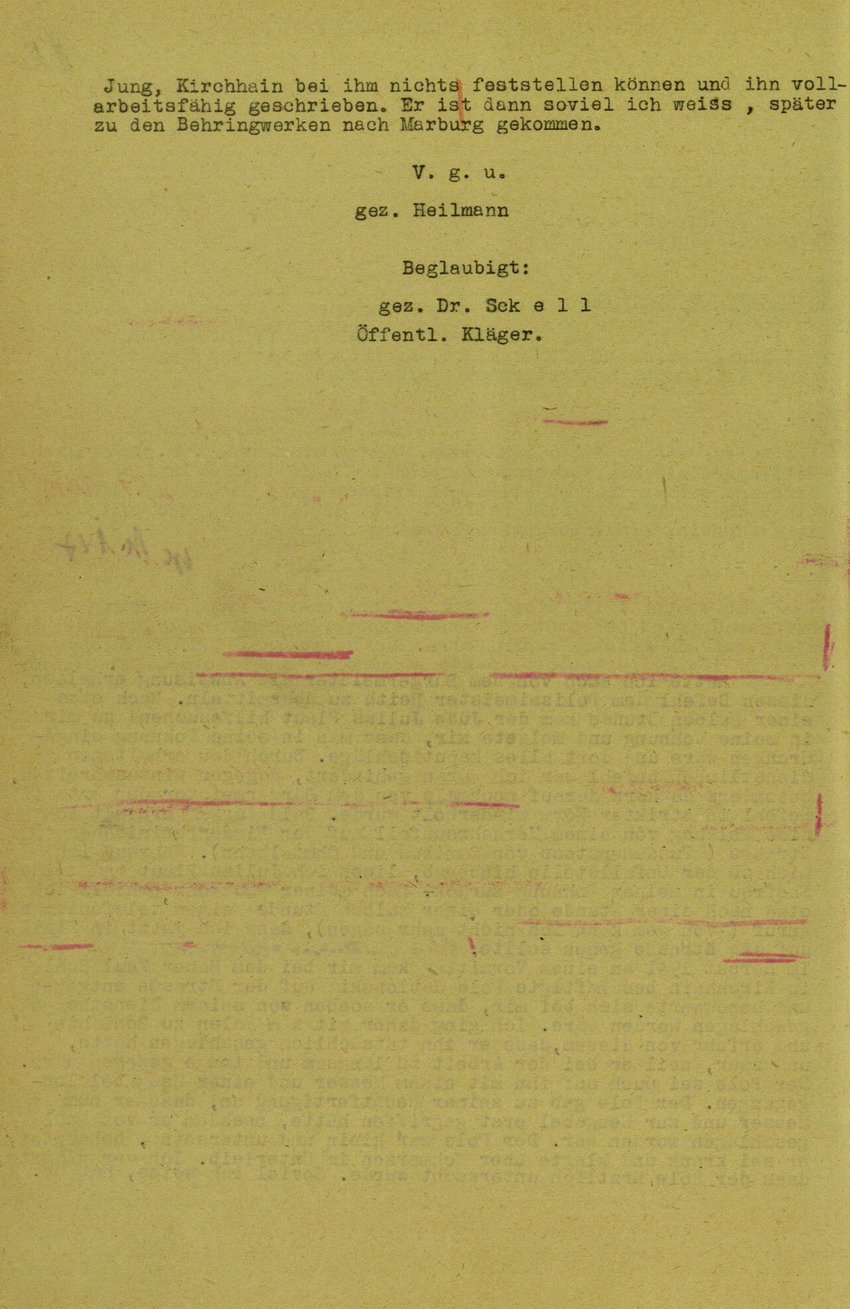 Zeugenaussage von Polizeihauptwachtmeister Kaspar Heilmann betreffend Anweisung zu Dienst in Zivil während der Kirchhainer "Judenaktion" am 8. November, 24. Juni 1946