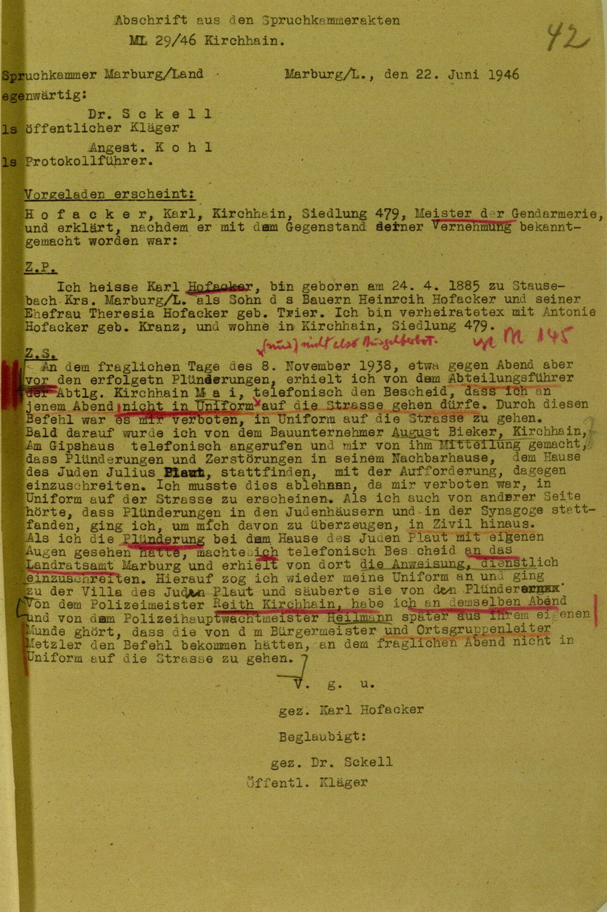 Zeugenaussage Gendarmerie-Meister Karl Hofacker betreffend Verbot zu Dienst in Uniform während der Kirchhainer "Judenaktion" am 8. November, 22. Juni 1946