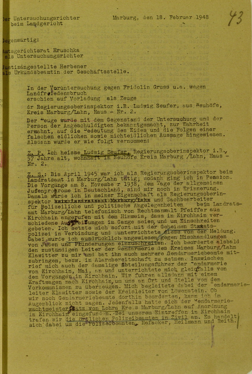 Zeugenaussage Regierungsoberinspektor i.R. Ludwig Seufer betreffend Besichtigung Kirchhains am Abend der "Judenaktion" am 8. November 1938, 18. Februar 1948