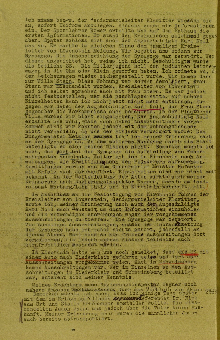 Zeugenaussage Regierungsoberinspektor i.R. Ludwig Seufer betreffend Besichtigung Kirchhains am Abend der "Judenaktion" am 8. November 1938, 18. Februar 1948