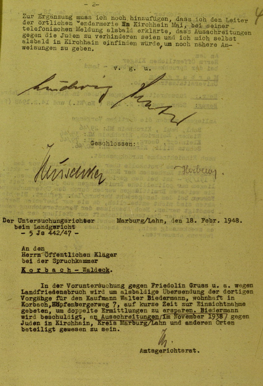 Zeugenaussage Regierungsoberinspektor i.R. Ludwig Seufer betreffend Besichtigung Kirchhains am Abend der "Judenaktion" am 8. November 1938, 18. Februar 1948