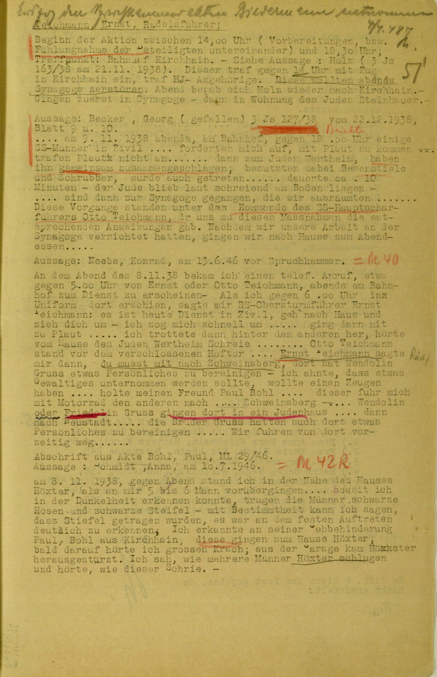 Zeugenaussagen von Verschiedenen zur Ermittlung der Rädelsführer beim Ablauf der Kirchhainer "Judenaktion" 1938, zusammengestellt am 4. April 1948