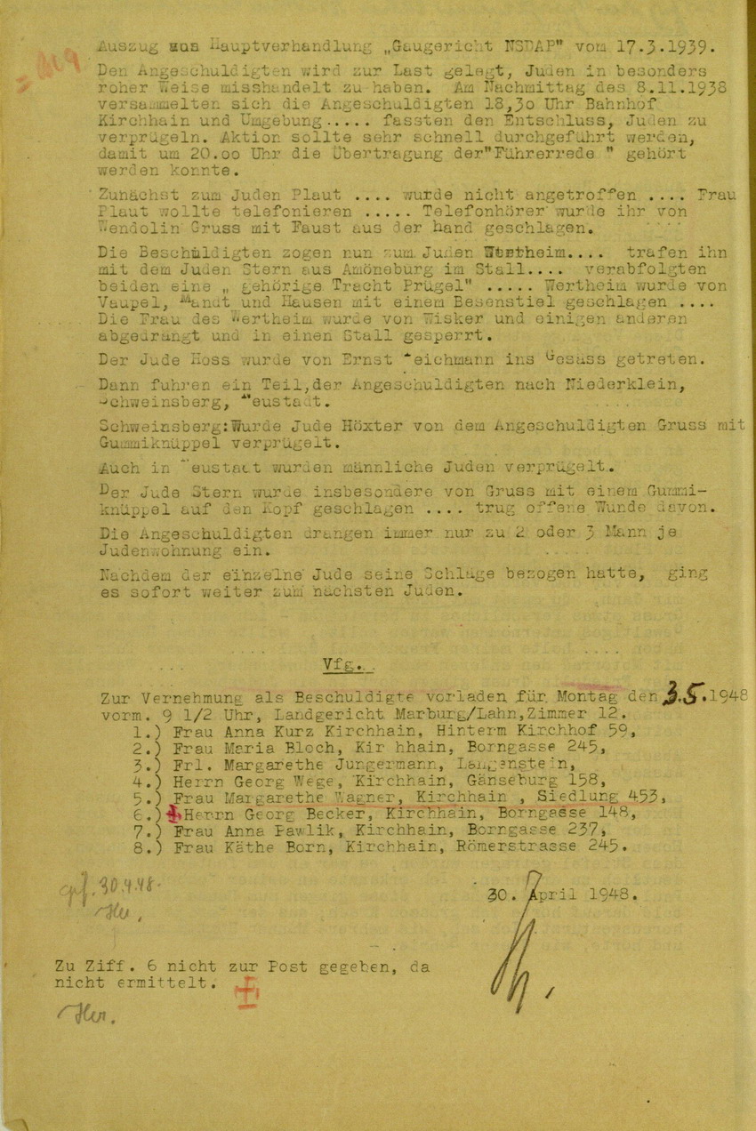 Zeugenaussagen von Verschiedenen zur Ermittlung der Rädelsführer beim Ablauf der Kirchhainer "Judenaktion" 1938, zusammengestellt am 4. April 1948