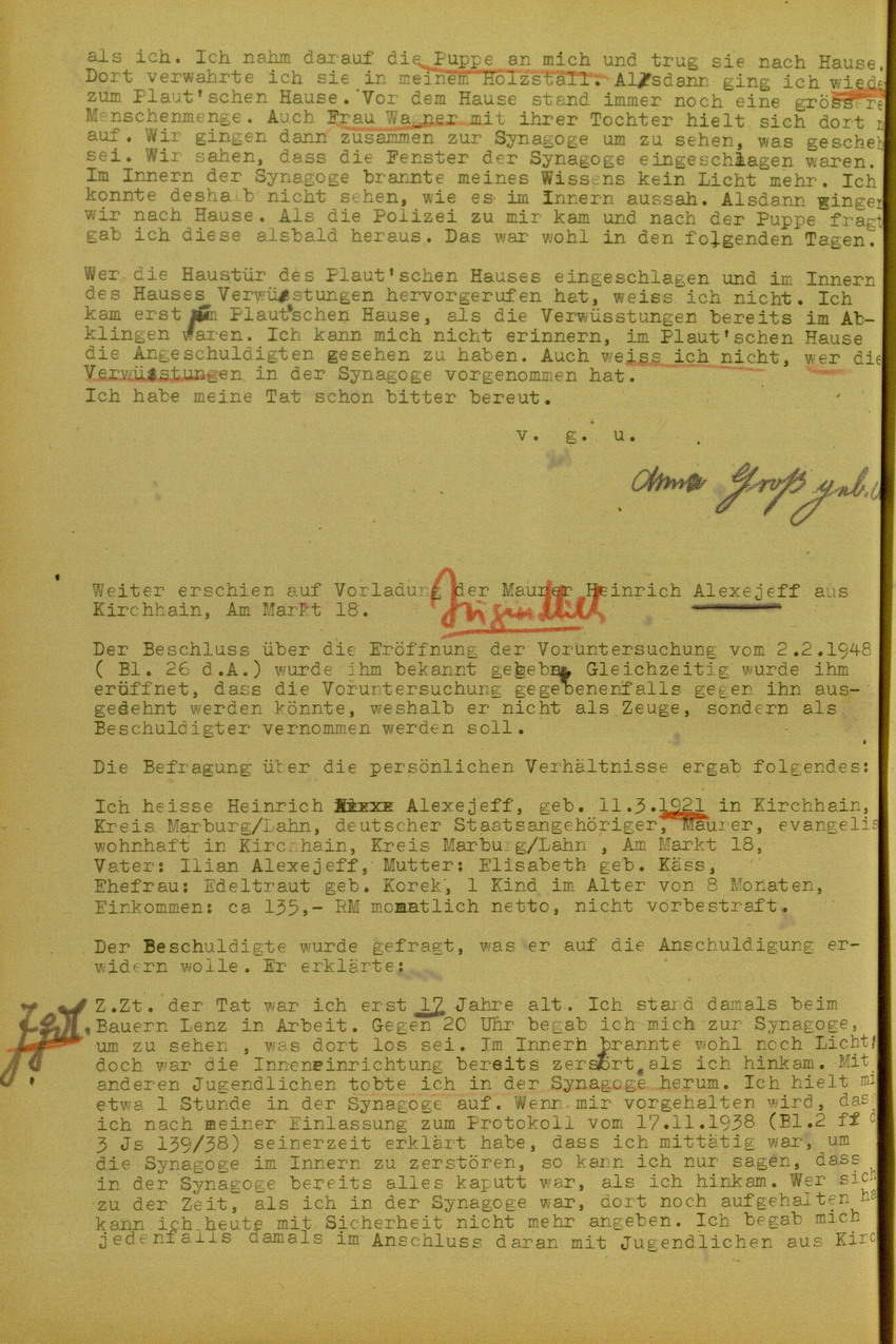 Zeugenaussage von Heinrich Alexejeff betreffend Hausfriedensbruch der Villa Plaut im Zuge der Kirchhainer "Judenaktion" am 8. November, 7. Mai 1948