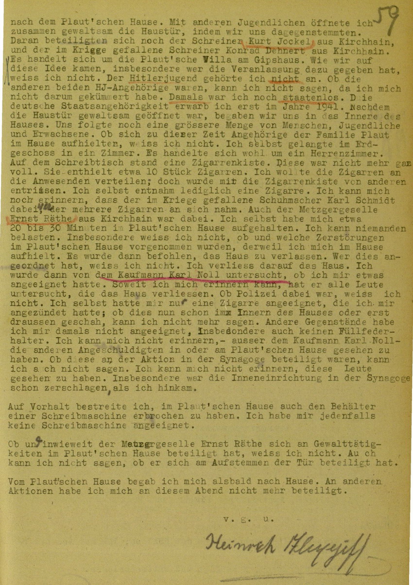 Zeugenaussage von Heinrich Alexejeff betreffend Hausfriedensbruch der Villa Plaut im Zuge der Kirchhainer "Judenaktion" am 8. November, 7. Mai 1948