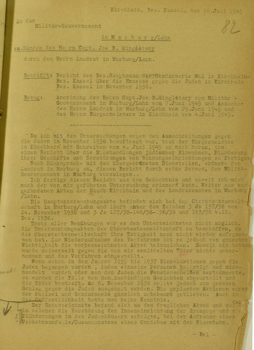 Bericht des Bezirks-Hauptmann der Gendarmerie Adam Mai über die Kichhainer "Judenaktion" von 1938 an das Militär-Gouvernement Marburg/L., 18. Juli 1945