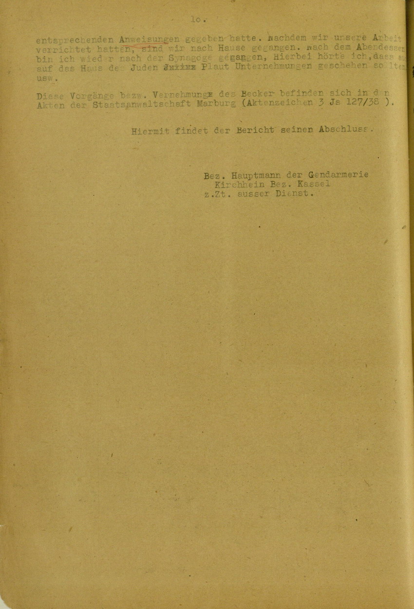 Bericht des Bezirks-Hauptmann der Gendarmerie Adam Mai über die Kichhainer "Judenaktion" von 1938 an das Militär-Gouvernement Marburg/L., 18. Juli 1945
