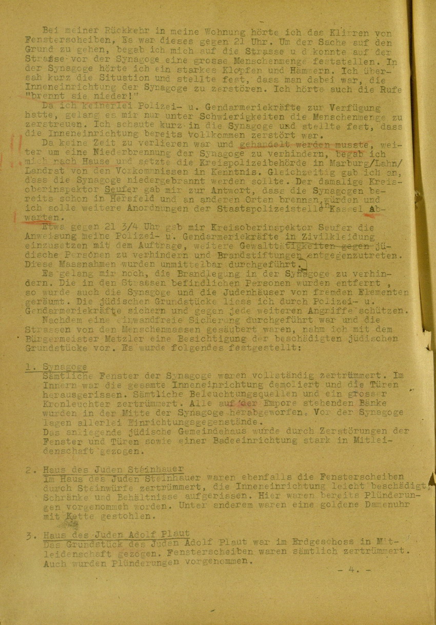 Bericht des Bezirks-Hauptmann der Gendarmerie Adam Mai über die Kichhainer "Judenaktion" von 1938 an das Militär-Gouvernement Marburg/L., 18. Juli 1945