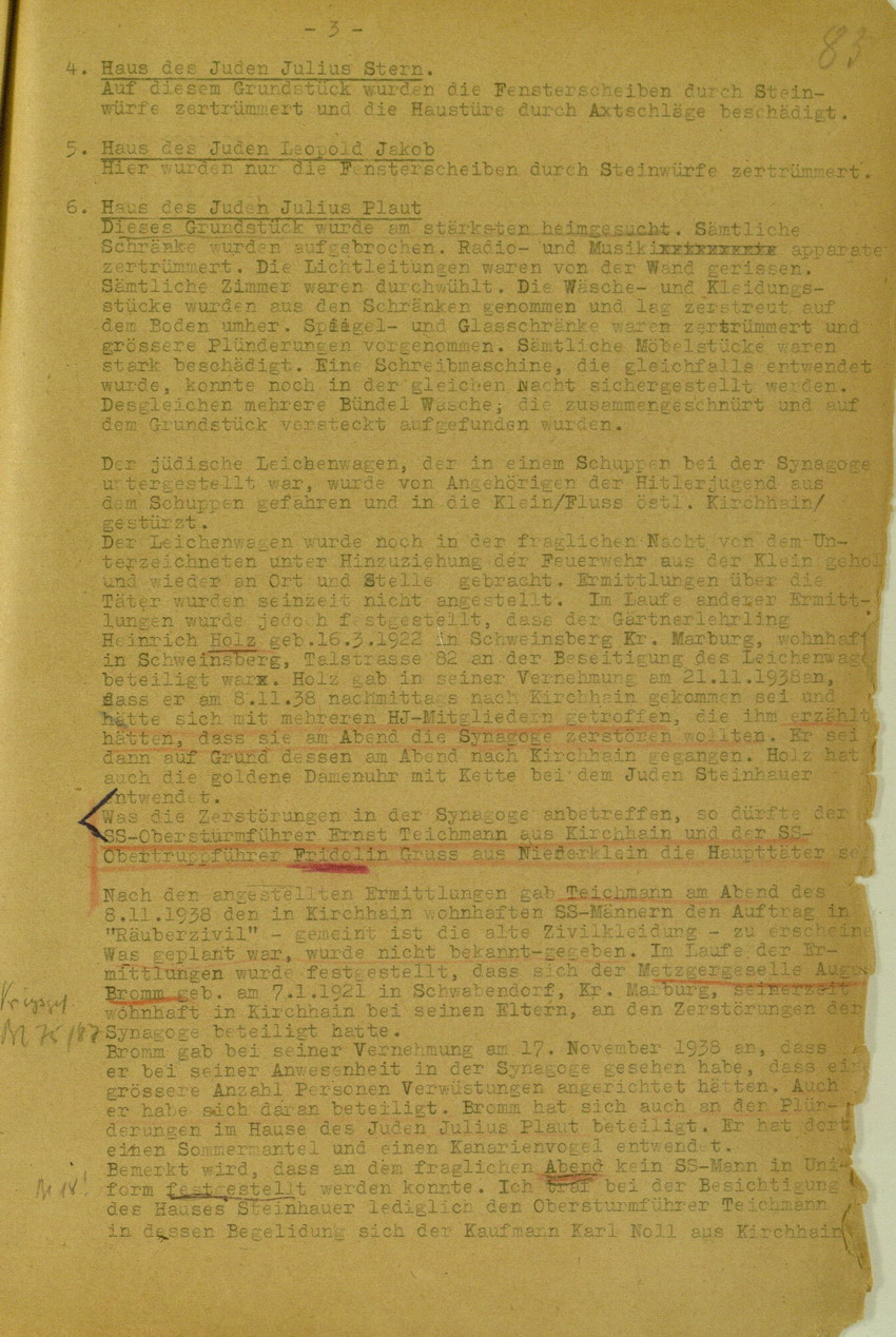 Bericht des Bezirks-Hauptmann der Gendarmerie Adam Mai über die Kichhainer "Judenaktion" von 1938 an das Militär-Gouvernement Marburg/L., 18. Juli 1945
