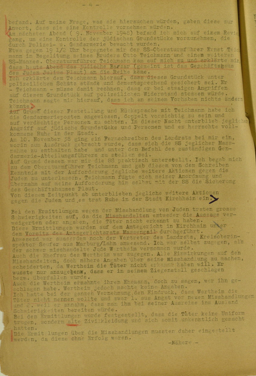 Bericht des Bezirks-Hauptmann der Gendarmerie Adam Mai über die Kichhainer "Judenaktion" von 1938 an das Militär-Gouvernement Marburg/L., 18. Juli 1945