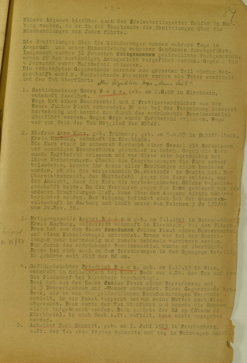 Bericht des Bezirks-Hauptmann der Gendarmerie Adam Mai über die Kichhainer "Judenaktion" von 1938 an das Militär-Gouvernement Marburg/L., 18. Juli 1945