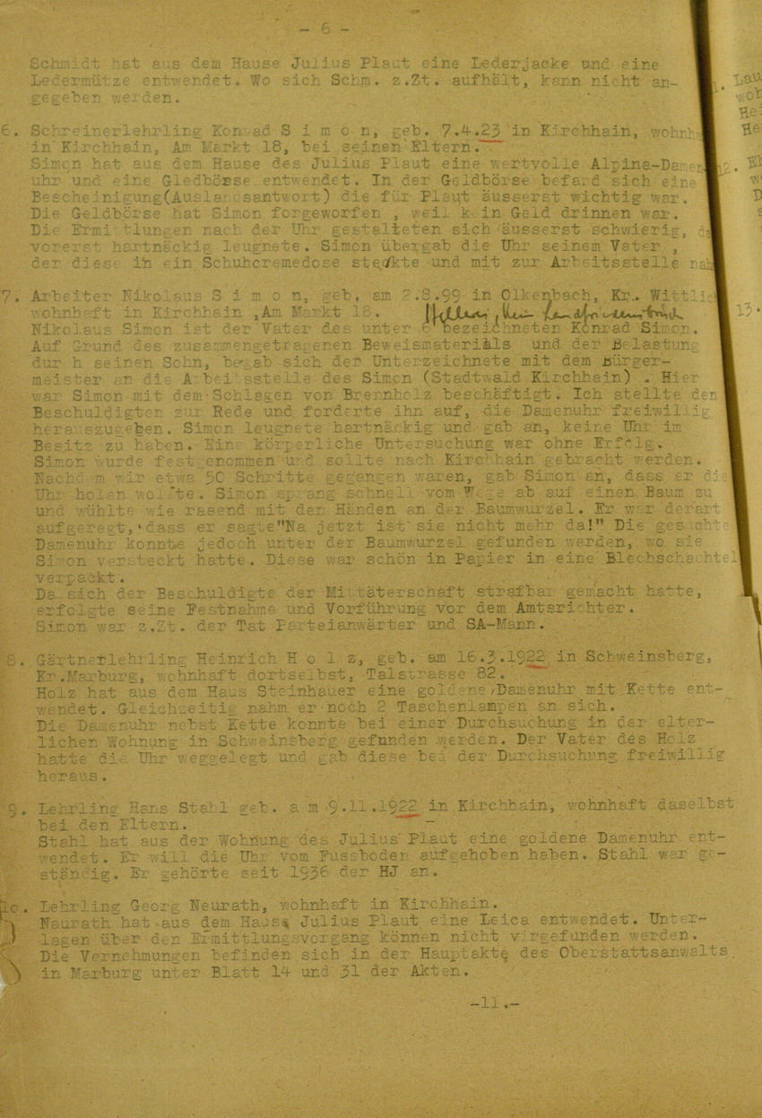 Bericht des Bezirks-Hauptmann der Gendarmerie Adam Mai über die Kichhainer "Judenaktion" von 1938 an das Militär-Gouvernement Marburg/L., 18. Juli 1945