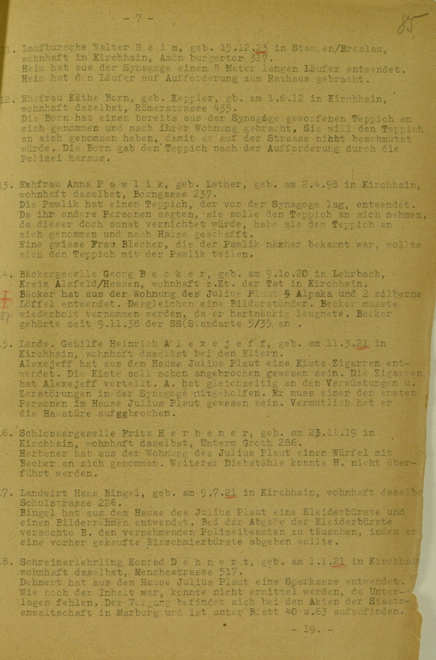 Bericht des Bezirks-Hauptmann der Gendarmerie Adam Mai über die Kichhainer "Judenaktion" von 1938 an das Militär-Gouvernement Marburg/L., 18. Juli 1945