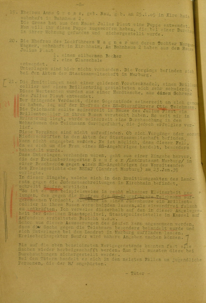 Bericht des Bezirks-Hauptmann der Gendarmerie Adam Mai über die Kichhainer "Judenaktion" von 1938 an das Militär-Gouvernement Marburg/L., 18. Juli 1945