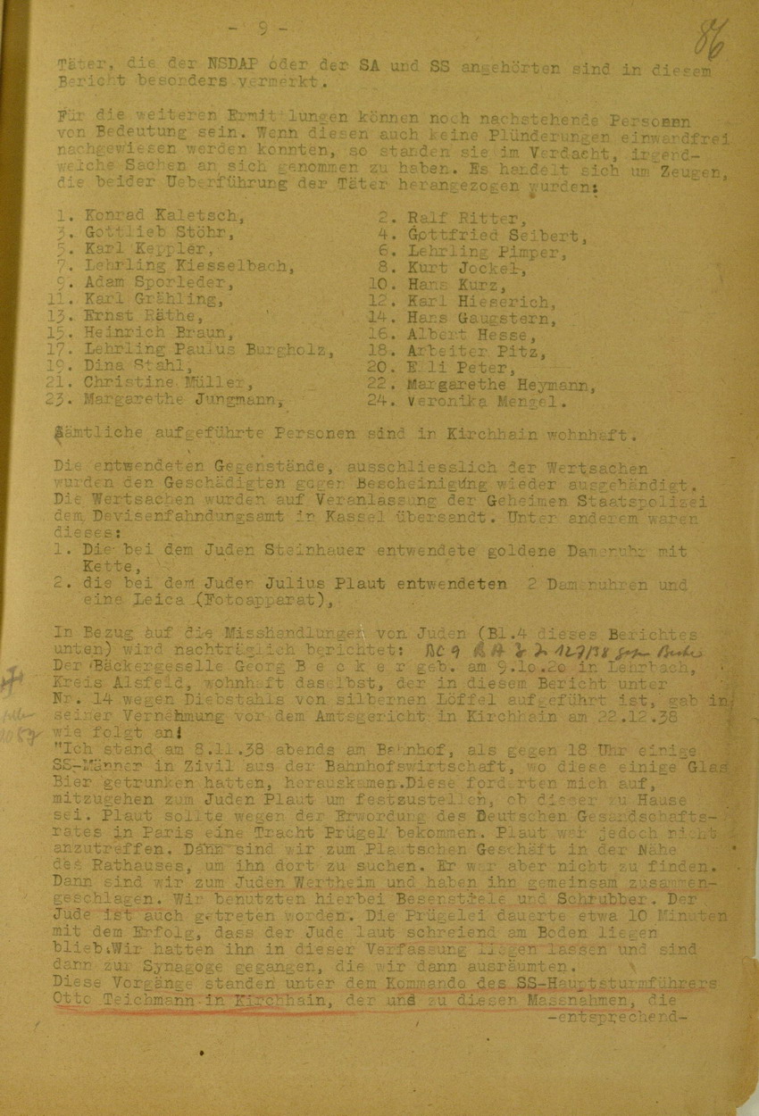 Bericht des Bezirks-Hauptmann der Gendarmerie Adam Mai über die Kichhainer "Judenaktion" von 1938 an das Militär-Gouvernement Marburg/L., 18. Juli 1945