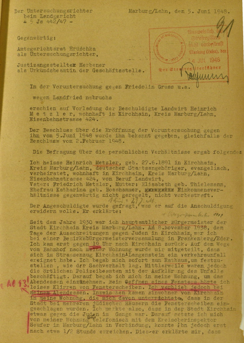 Zeugenaussage von Bürgermeister Heinrich Metzler betreffend Einschreiten gegen Gewalttätigkeiten und Plünderungen während der Kirchhainer "Judenaktion" 1938, 5. Juni 1948