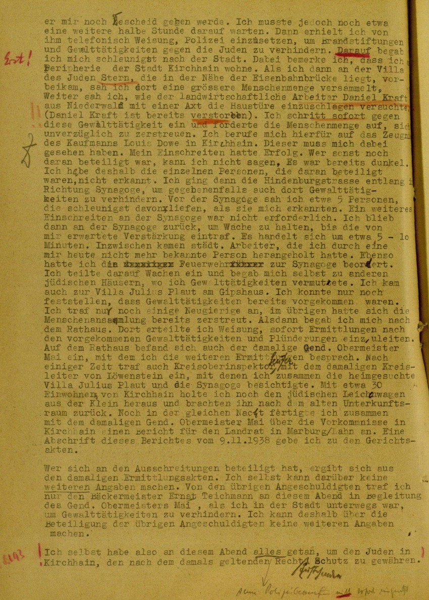Zeugenaussage von Bürgermeister Heinrich Metzler betreffend Einschreiten gegen Gewalttätigkeiten und Plünderungen während der Kirchhainer "Judenaktion" 1938, 5. Juni 1948