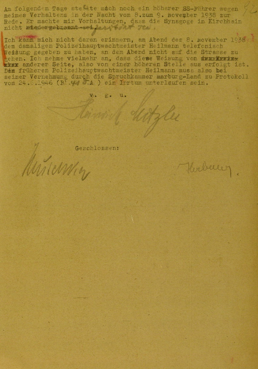 Zeugenaussage von Bürgermeister Heinrich Metzler betreffend Einschreiten gegen Gewalttätigkeiten und Plünderungen während der Kirchhainer "Judenaktion" 1938, 5. Juni 1948