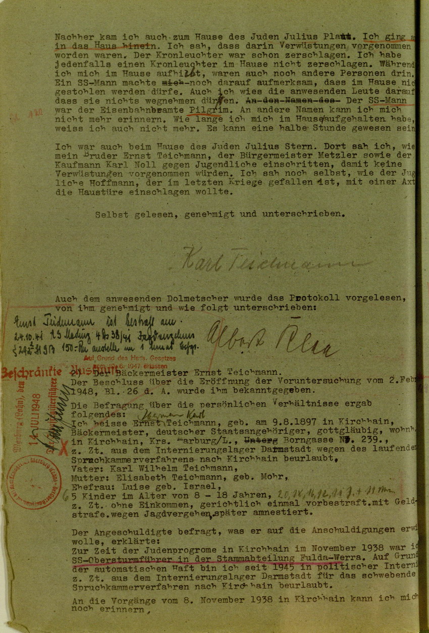 Zeugenaussage von Ernst Teichmann betreffend Ablauf der Kirchhainer "Judenaktion" von 1938, 5. Juli 1948