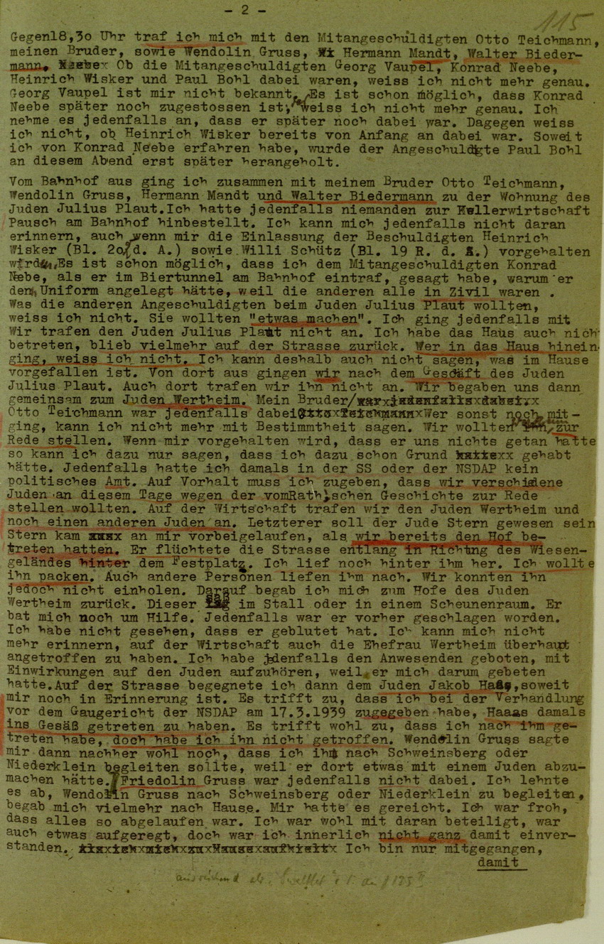 Zeugenaussage von Ernst Teichmann betreffend Ablauf der Kirchhainer "Judenaktion" von 1938, 5. Juli 1948