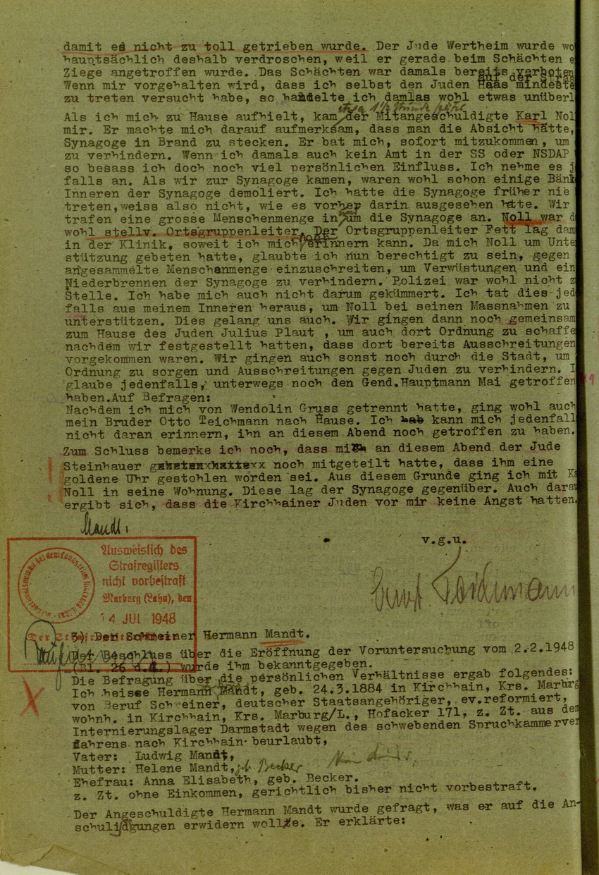Zeugenaussage von Ernst Teichmann betreffend Ablauf der Kirchhainer "Judenaktion" von 1938, 5. Juli 1948