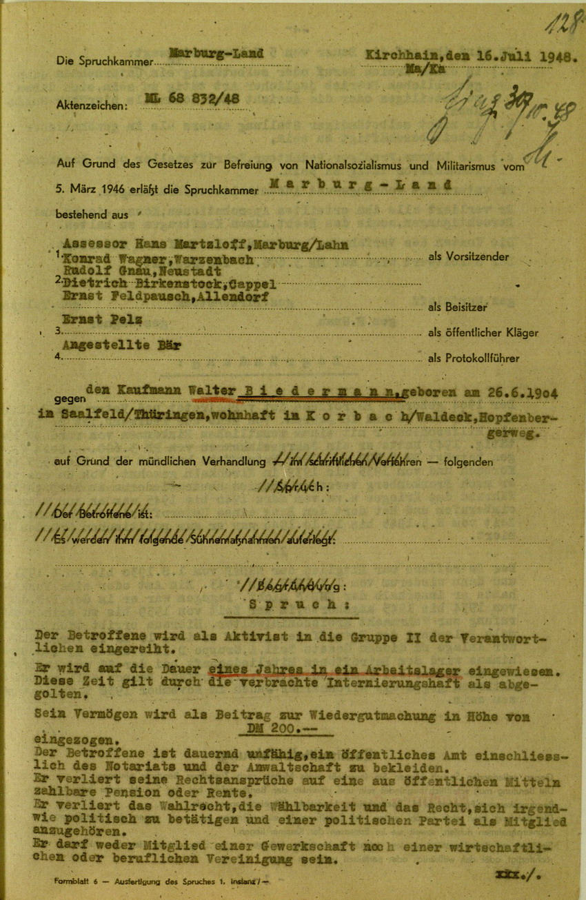 Urteil der Spruchkammer Marburg/L. gegen Walter Biedermann betreffend Beteiligung an der Kirchhainer "Judenaktion" von 1938, 16. Juli 1948 [Dokumentabschnitt 1]