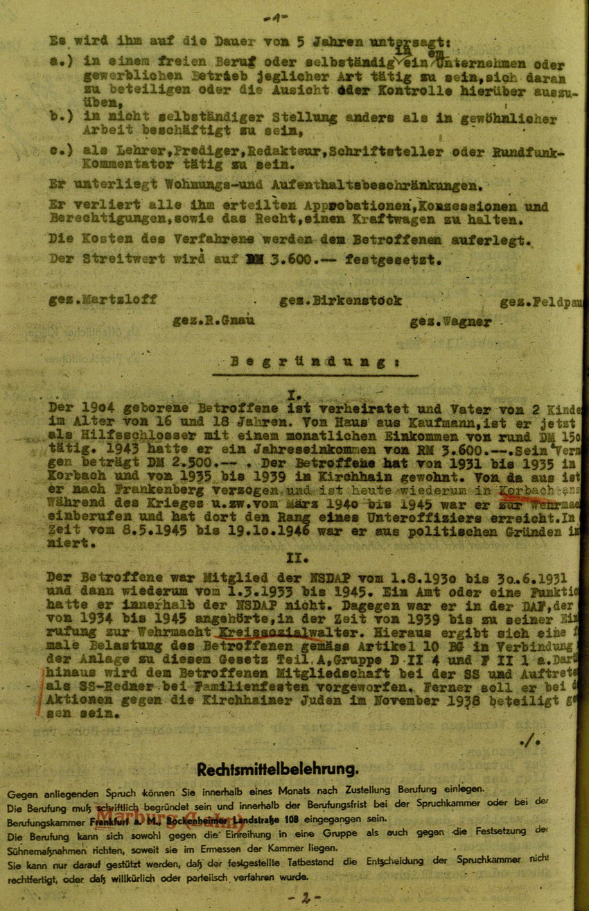 Urteil der Spruchkammer Marburg/L. gegen Walter Biedermann betreffend Beteiligung an der Kirchhainer "Judenaktion" von 1938, 16. Juli 1948 [Dokumentabschnitt 1]