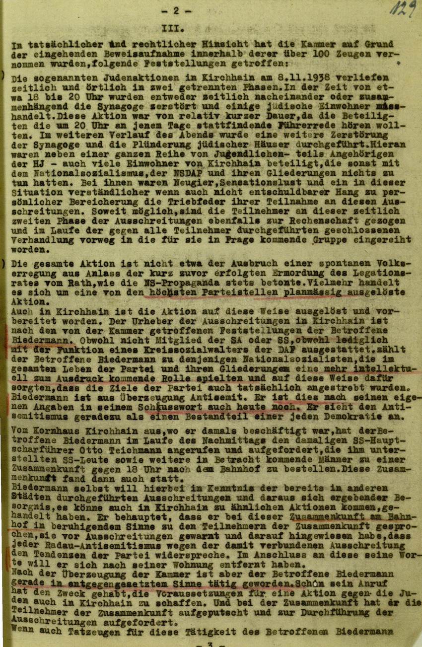 Urteil der Spruchkammer Marburg/L. gegen Walter Biedermann betreffend Beteiligung an der Kirchhainer "Judenaktion" von 1938, 16. Juli 1948 [Dokumentabschnitt 1]