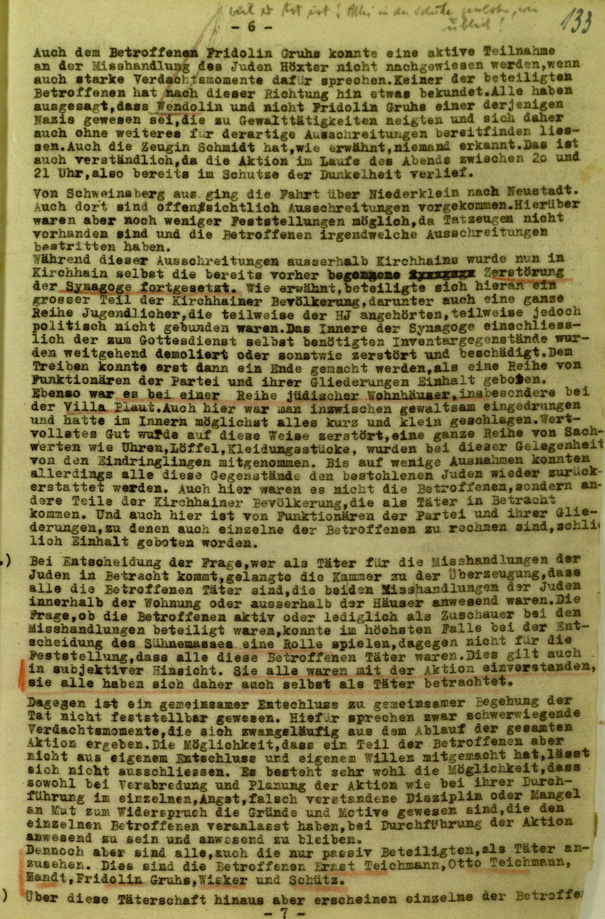 Urteil der Spruchkammer Marburg/L. gegen Walter Biedermann betreffend Beteiligung an der Kirchhainer "Judenaktion" von 1938, 16. Juli 1948 [Dokumentabschnitt 1]