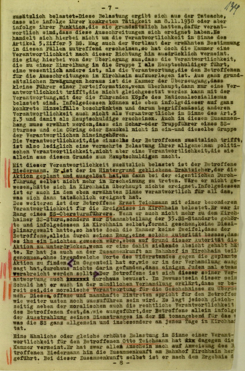 Urteil der Spruchkammer Marburg/L. gegen Walter Biedermann betreffend Beteiligung an der Kirchhainer "Judenaktion" von 1938, 16. Juli 1948 [Dokumentabschnitt 1]