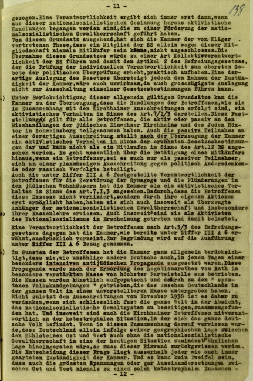 Urteil der Spruchkammer Marburg/L. gegen Walter Biedermann betreffend Beteiligung an der Kirchhainer "Judenaktion" von 1938, 16. Juli 1948 [Dokumentabschnitt 2]