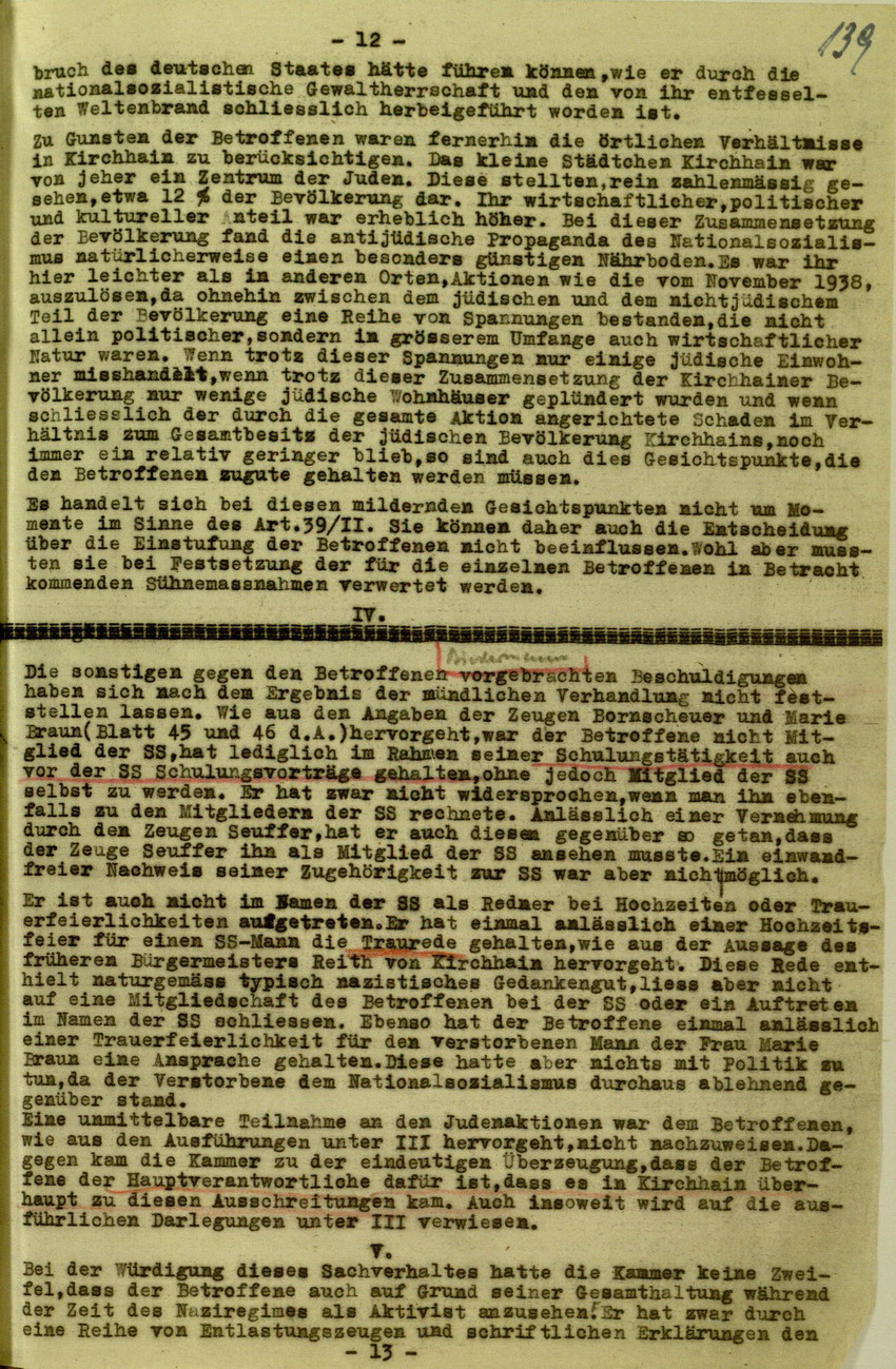 Urteil der Spruchkammer Marburg/L. gegen Walter Biedermann betreffend Beteiligung an der Kirchhainer "Judenaktion" von 1938, 16. Juli 1948 [Dokumentabschnitt 2]